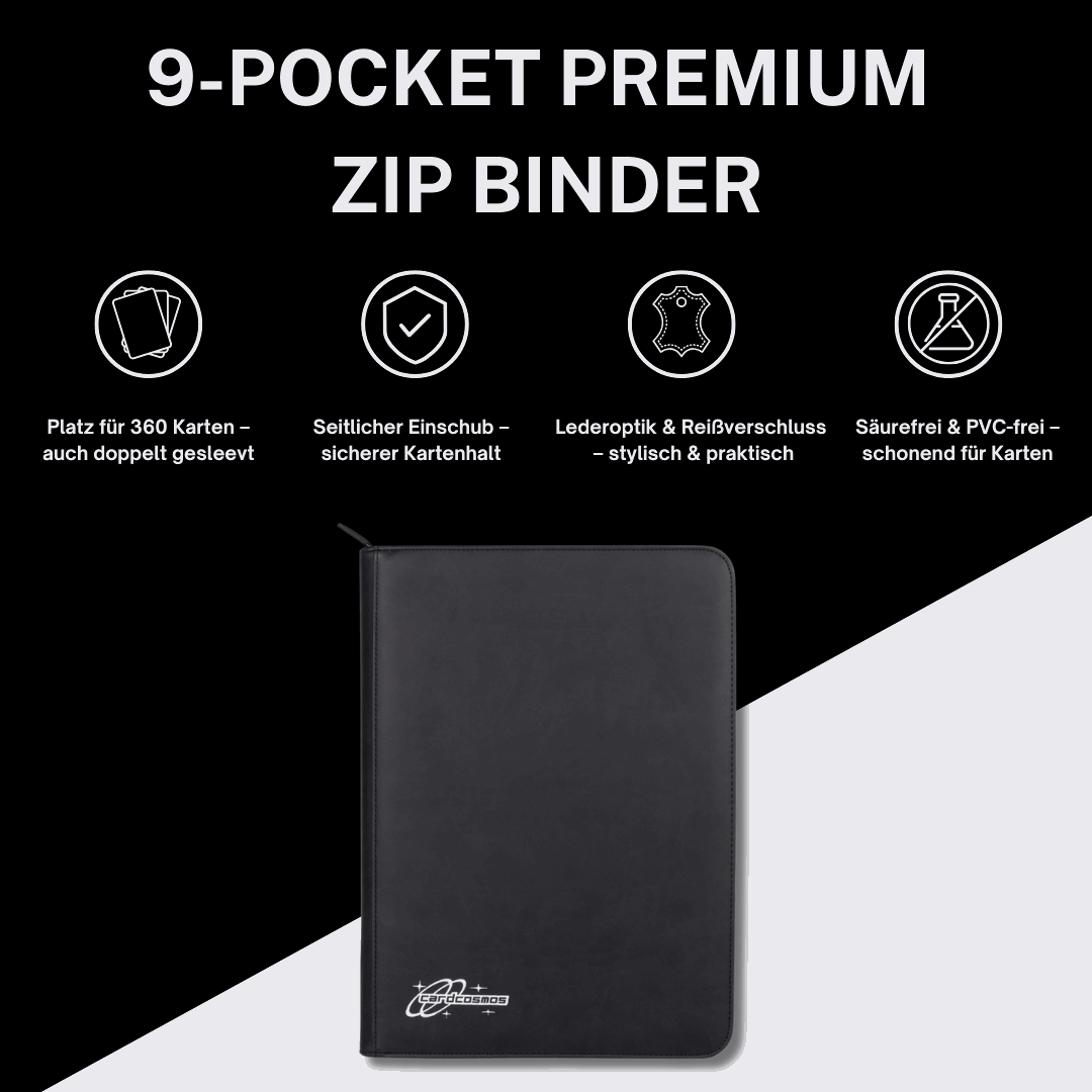 cardcosmos - 9 Pocket Zip Premium Leather Binder - Schwarz