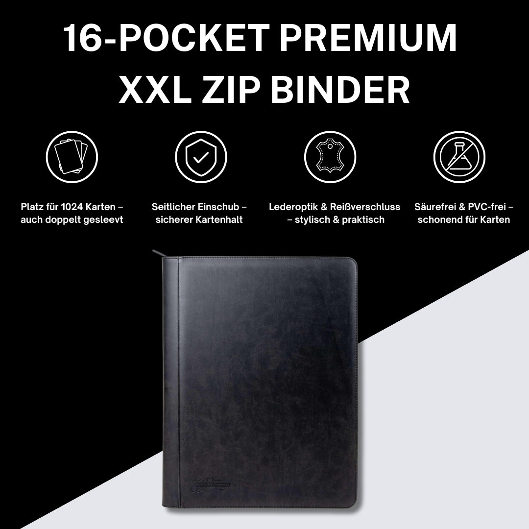 cardcosmos - 16 Pocket Zip Premium XXL Leather Binder - Black