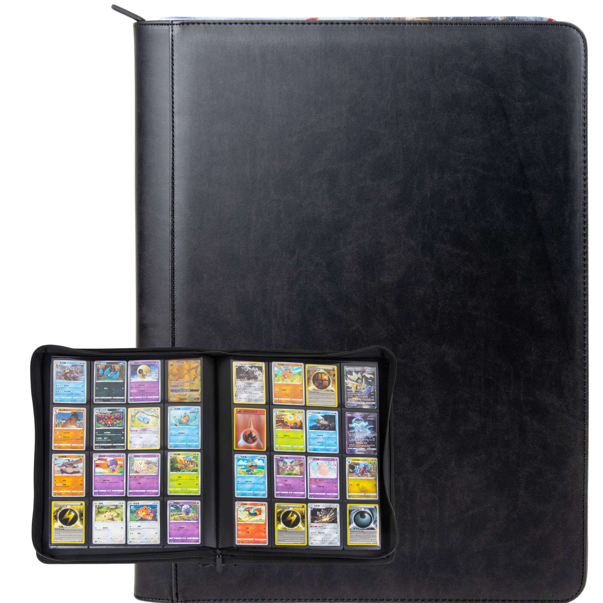 cardcosmos - 16 Pocket Zip Premium XXL Leather Binder - Black