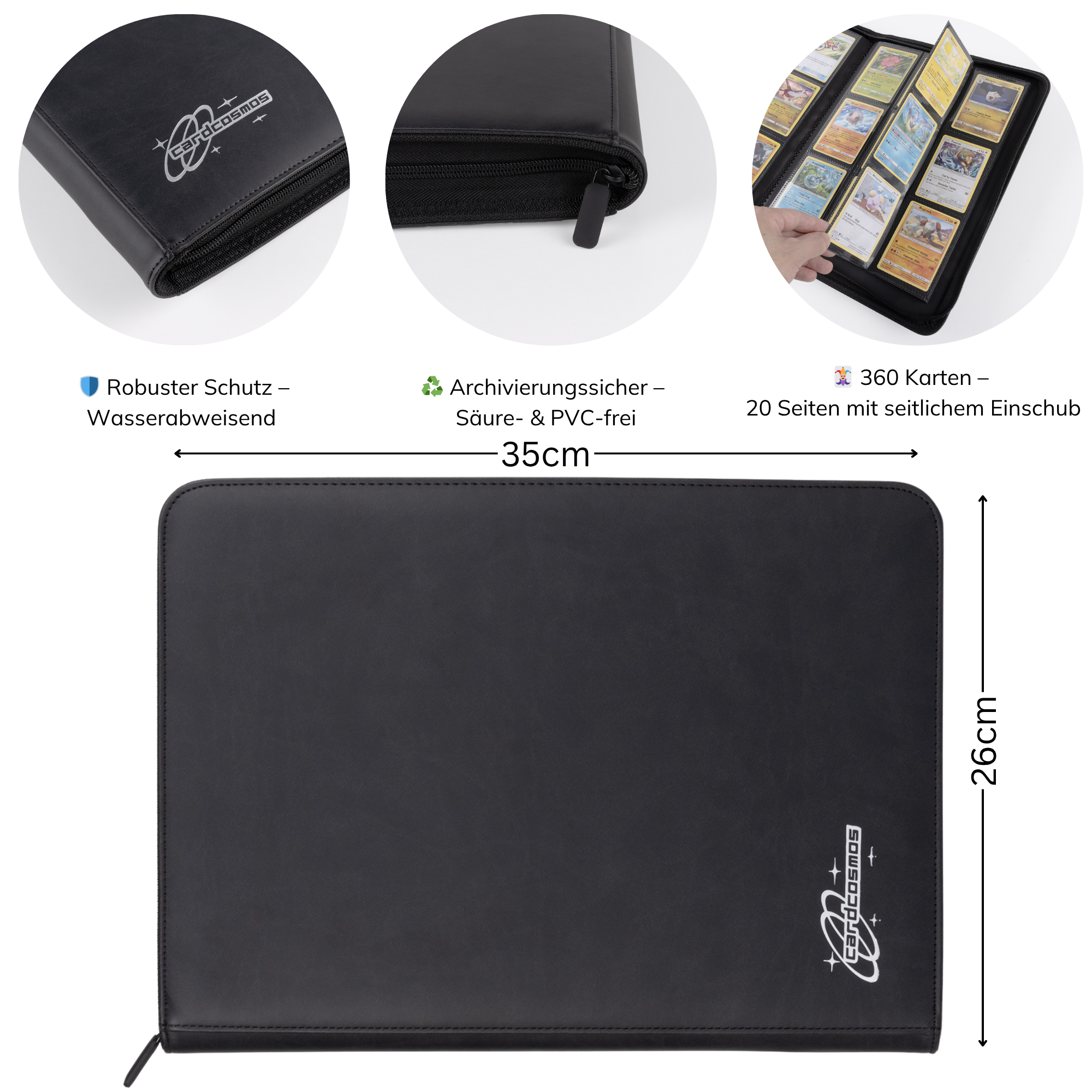 cardcosmos - 9 Pocket Zip Premium Leather Binder - Schwarz/Silber