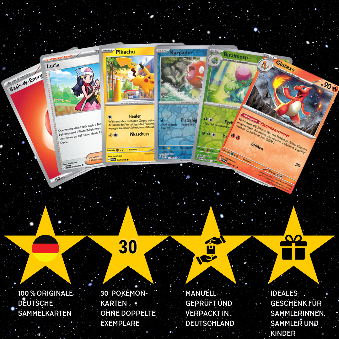 Pokémon Karten Set Deutsch – 30 Karten inkl. 4 Holo + 100 Kartenhüllen