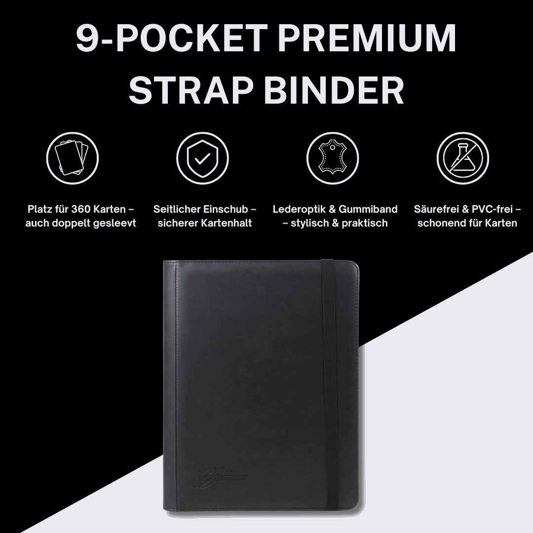cardcosmos - 9 Pocket Strap Premium Leather Binder - Schwarz