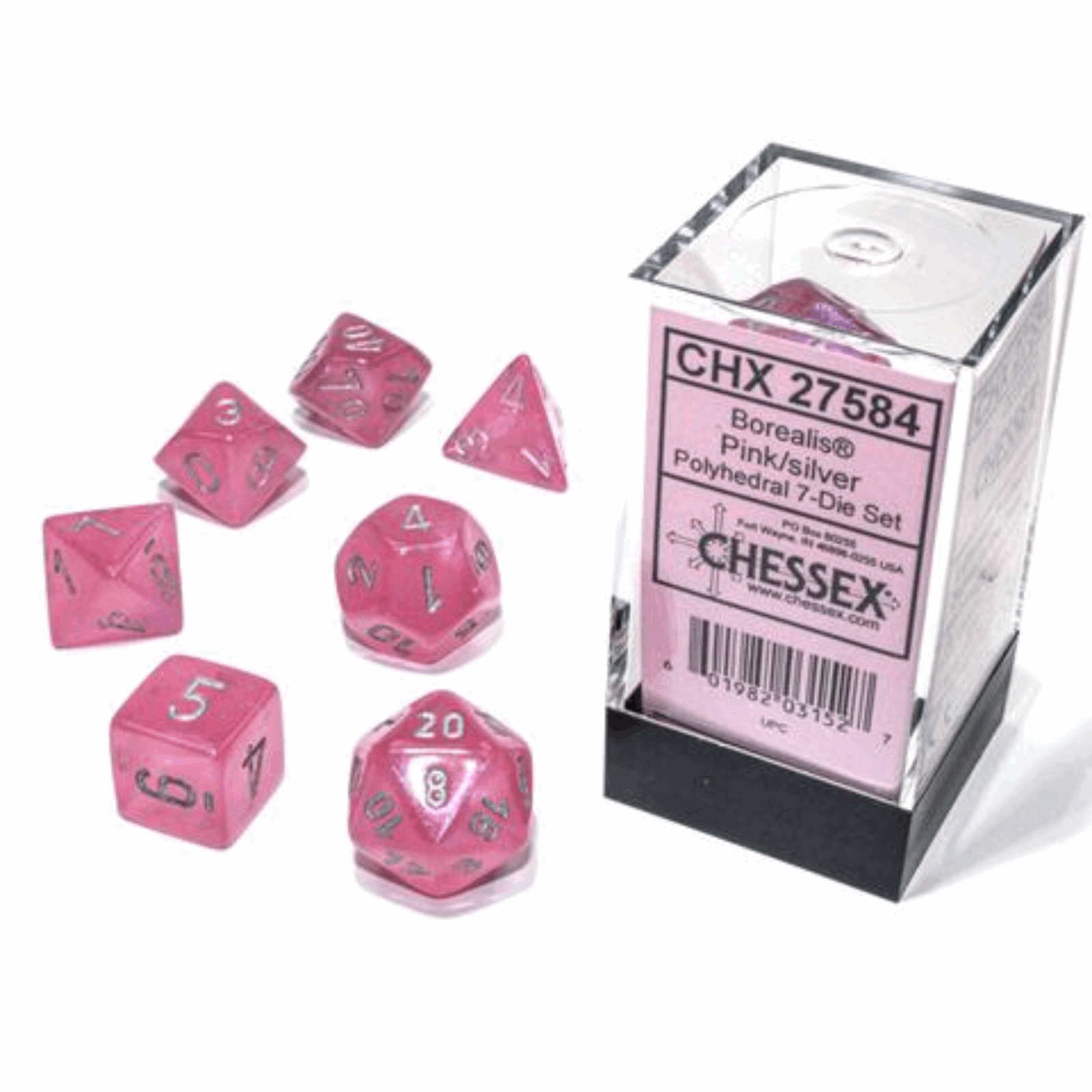 Chessex - Borealis Polyhedral Pink/silver Luminary 7-Würfelset - cardcosmos