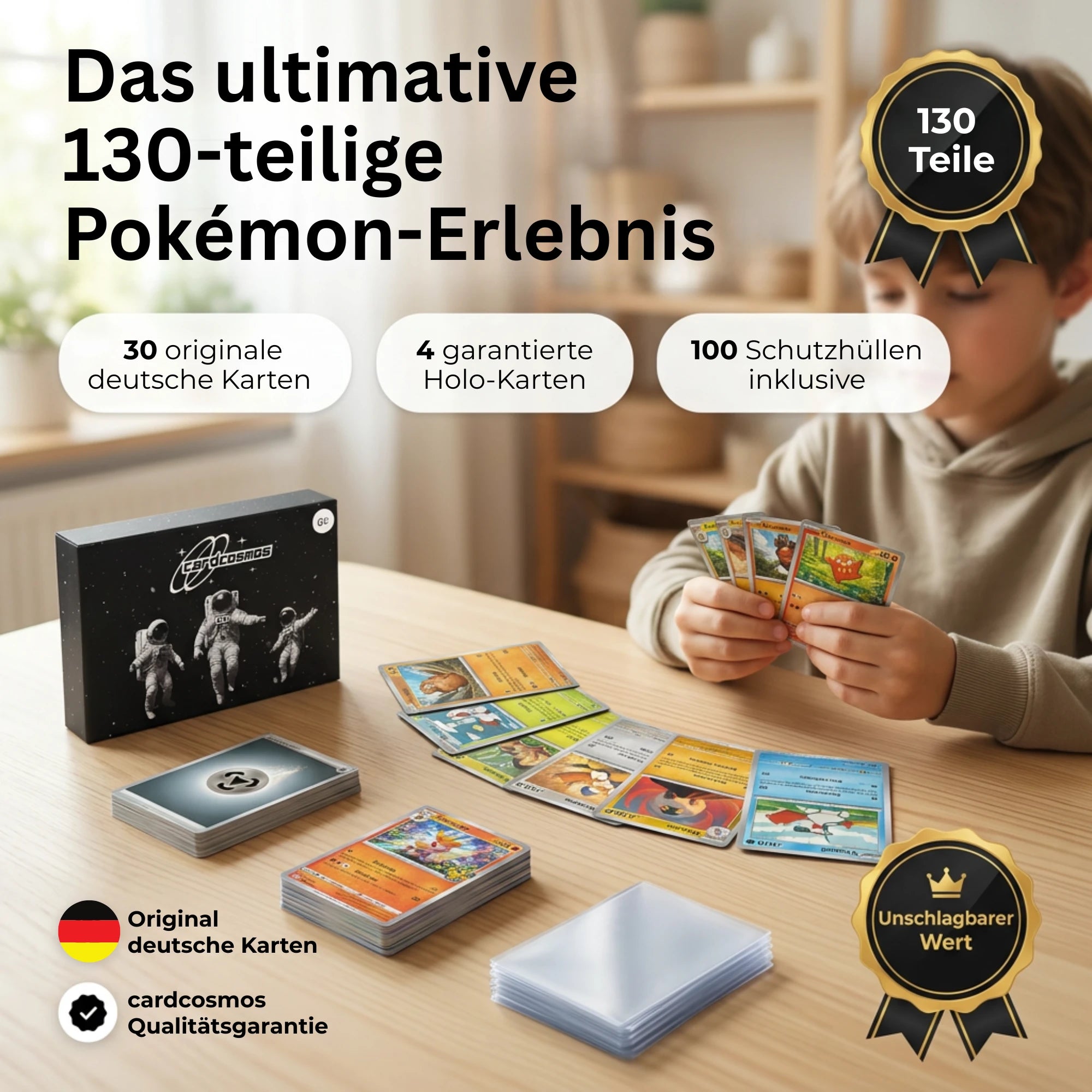 Pokémon Karten Set Deutsch – 30 Karten inkl. 4 Holo + 100 Kartenhüllen