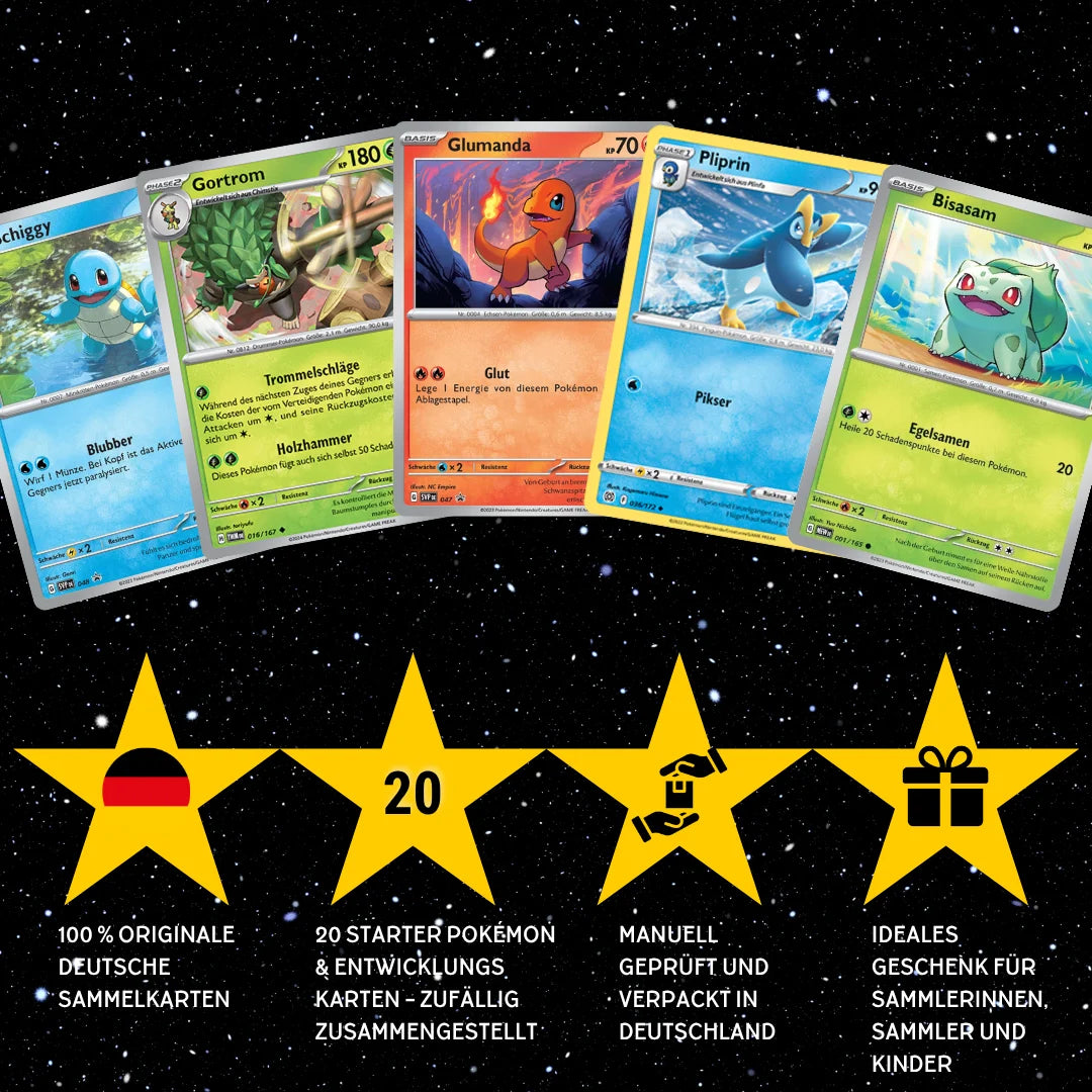 Pokémon Karten Set Deutsch – 20 Karten Starter Pokémon & Entwicklungen – Zufällig zusammengestellt