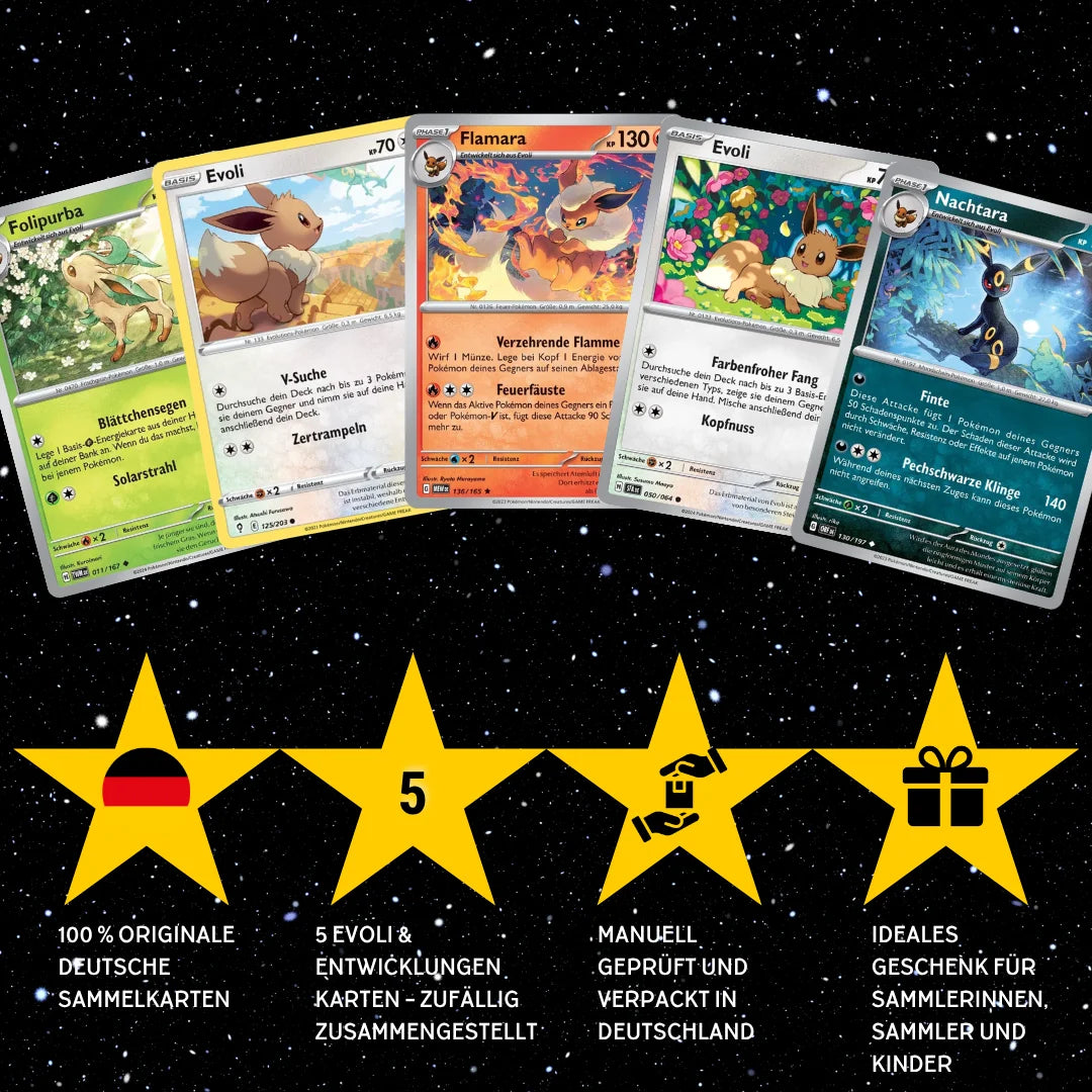 Pokémon Karten Set Deutsch – 5 Karten Evoli/Eevee & Entwicklungen – Zufällig zusammengestellt