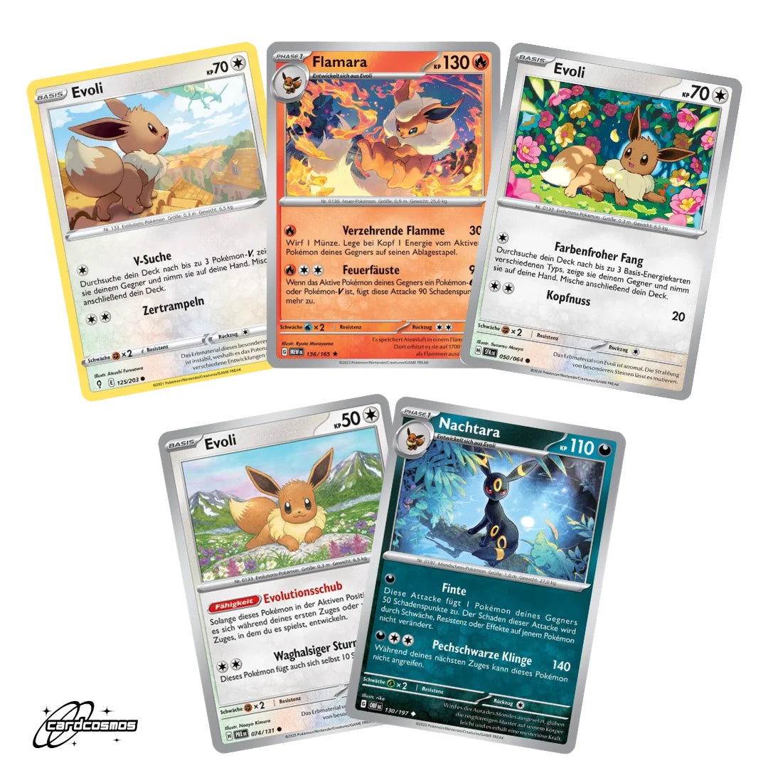 Pokémon Karten Set Deutsch – 5 Karten Evoli/Eevee & Entwicklungen – Zufällig zusammengestellt