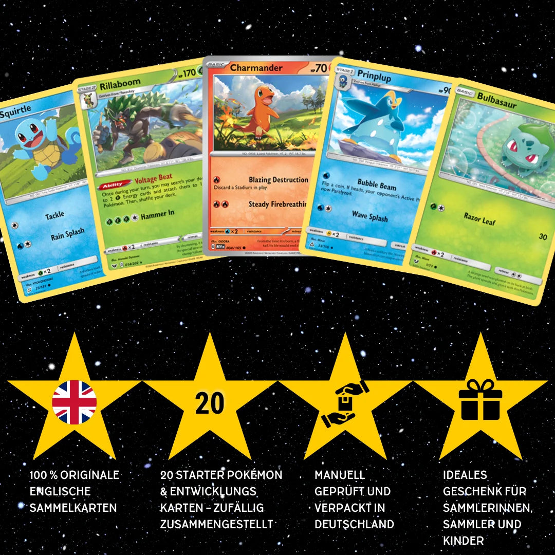 Pokémon Karten Set Englisch – 20 Karten Starter Pokémon & Entwicklungen – Zufällig zusammengestellt