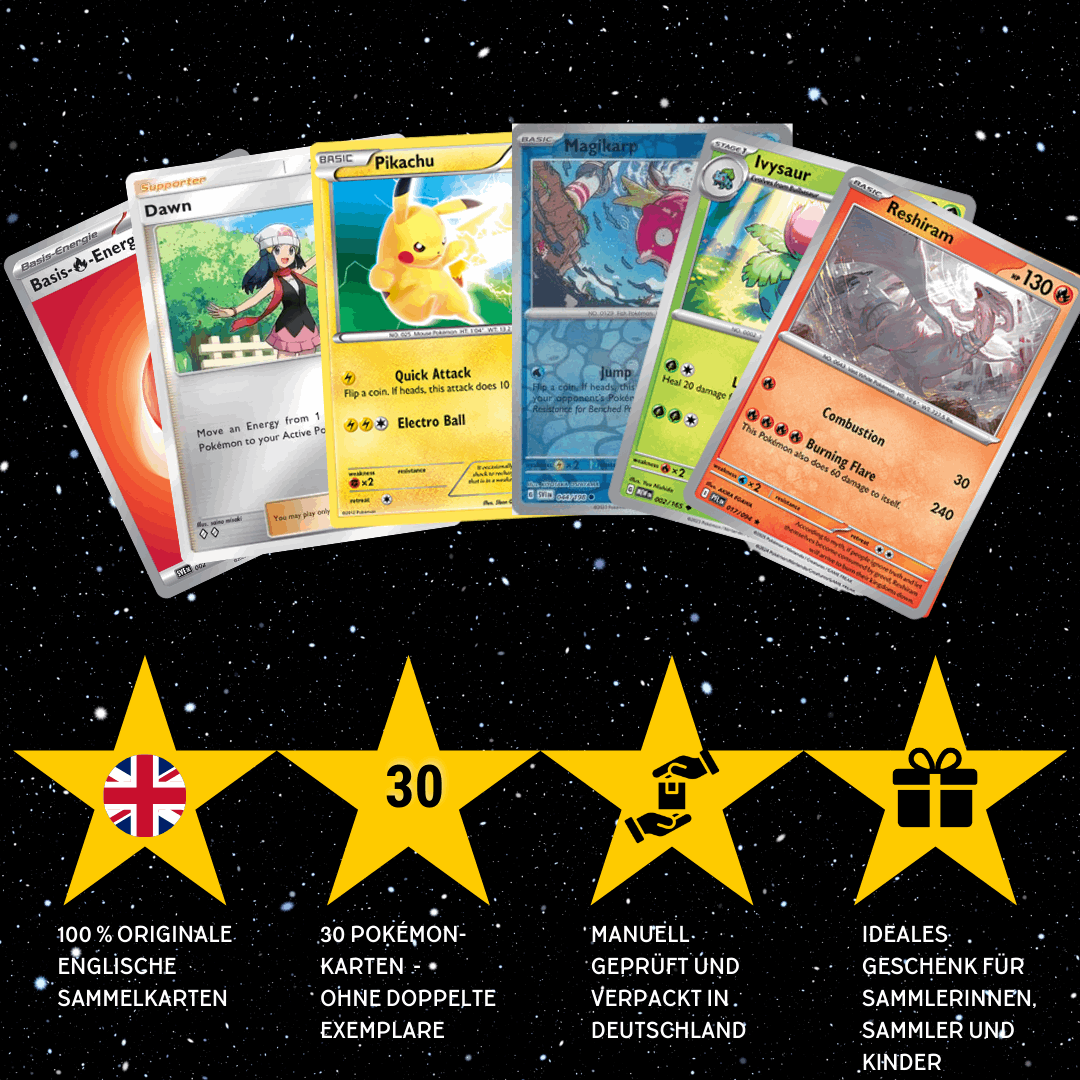 Pokémon Karten Set Englisch – 30 Karten inkl. 4 Holo + 100 Kartenhüllen