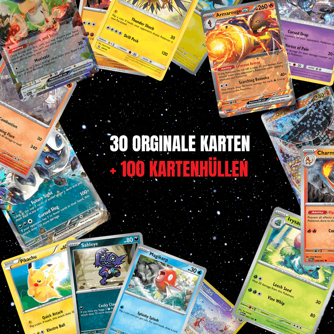 Pokémon Karten Set Englisch – 30 Karten inkl. 4 Holo + 100 Kartenhüllen