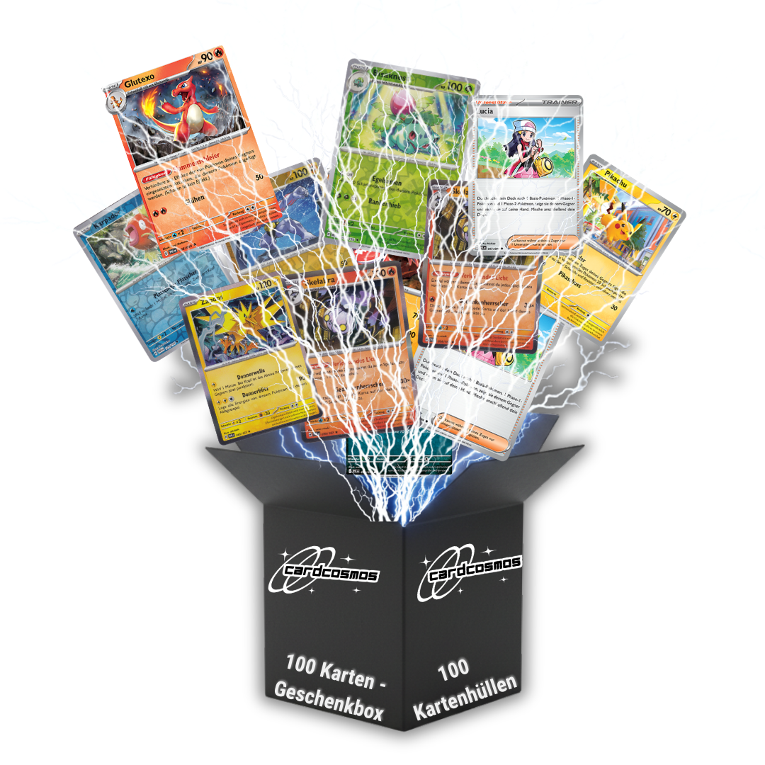 Coffret de cartes Pokémon (allemand) – 100 cartes dont 12 cartes holographiques + 100 protège-cartes