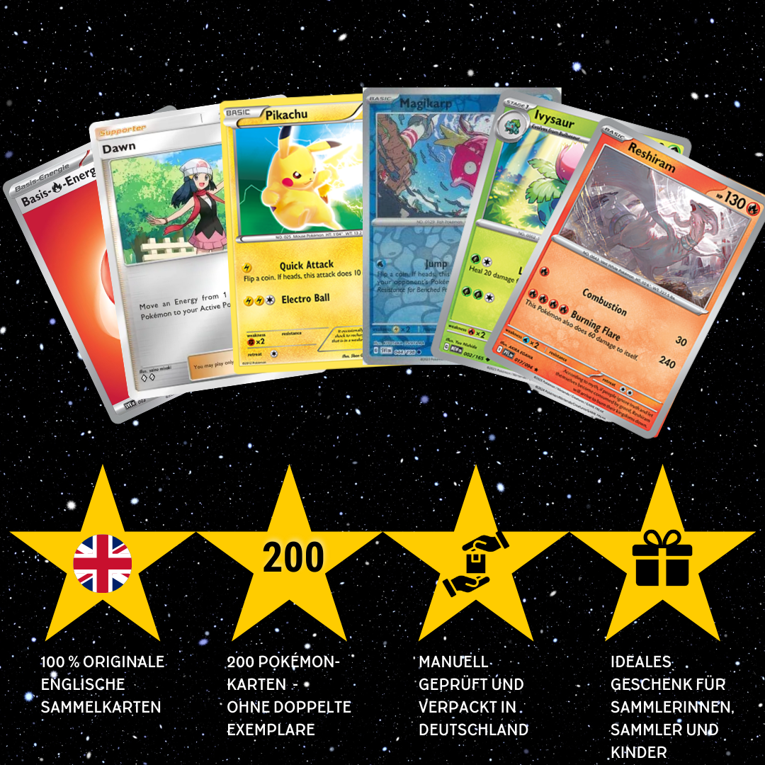 Pokémon Karten Set Englisch – 200 Karten inkl. 25 Holo + 100 Kartenhüllen
