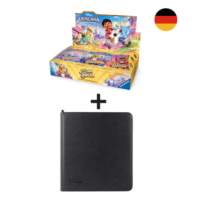 Disney Lorcana Die Stadt Hyperia Booster Display DE + 12 Pocket Binder Schwarz Bundle