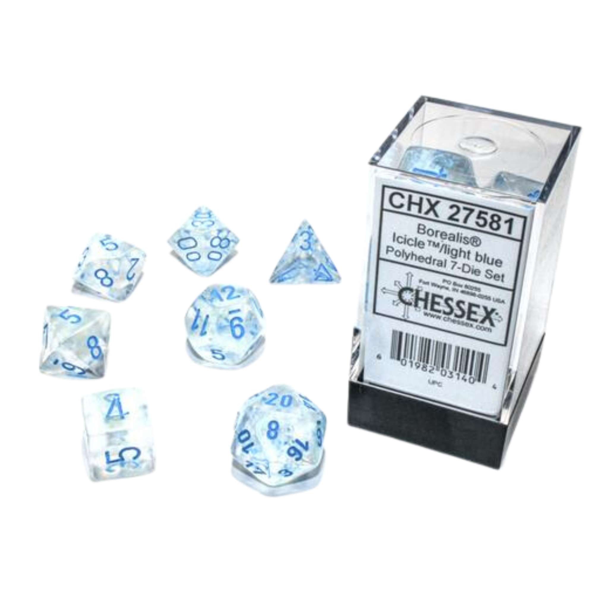 Chessex -Borealis Polyhedral Icicle/Light Blue Luminary 7-Würfelset