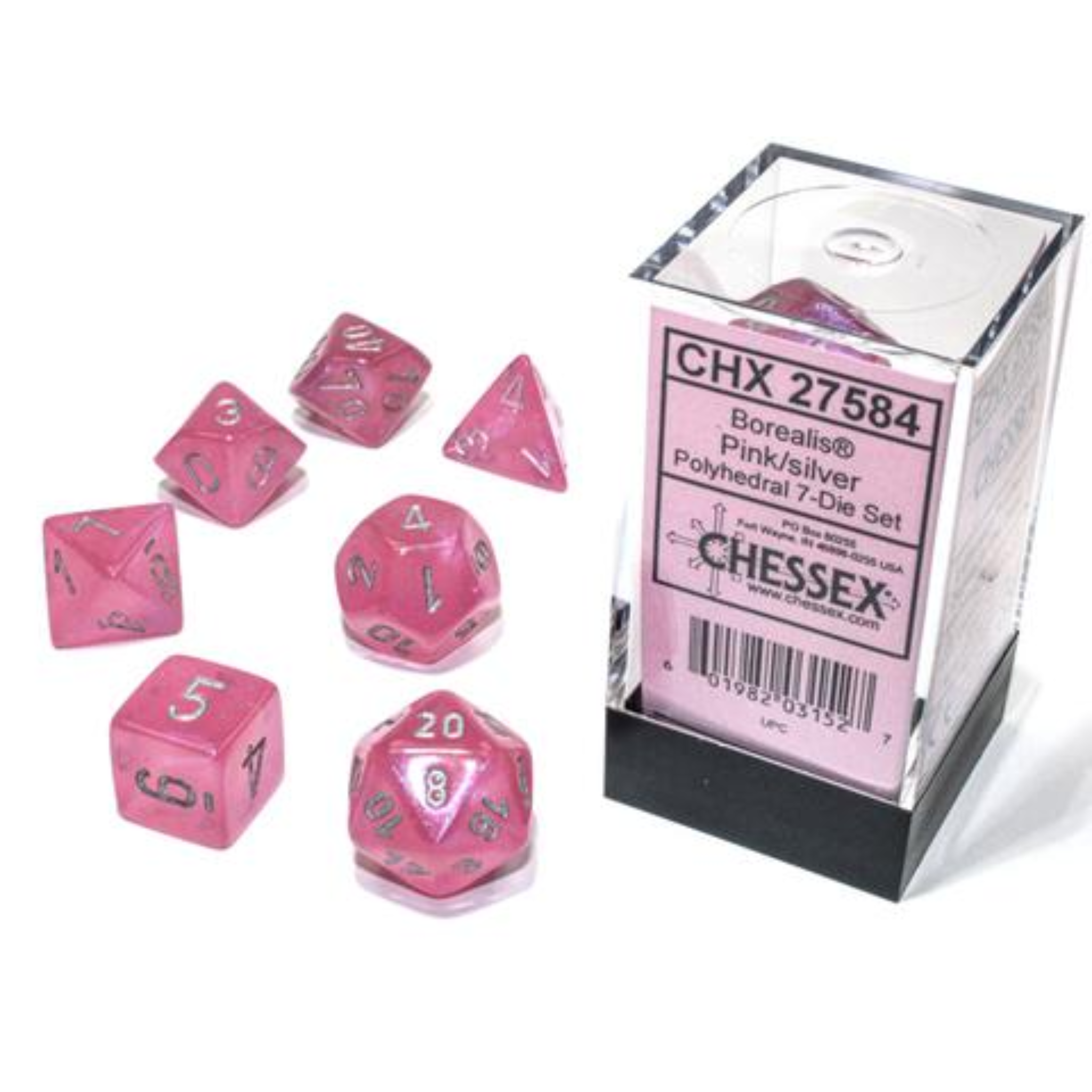 Chessex - Borealis Polyhedral Pink/silver Luminary 7-Würfelset