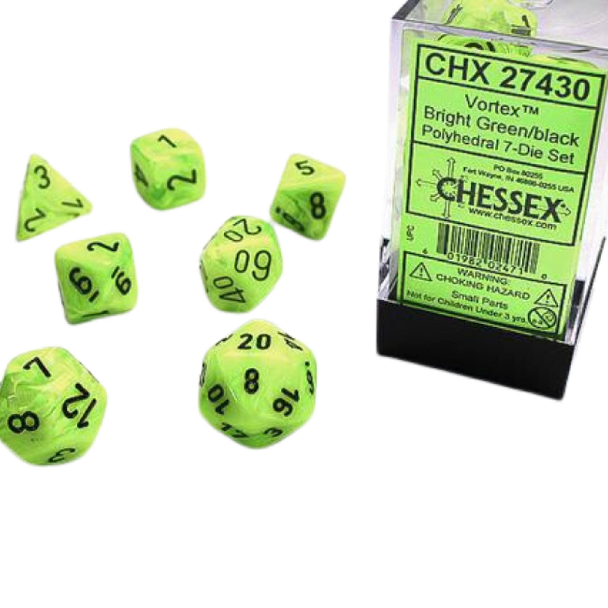 Chessex - Vortex Bright Green w/black Signature Polyhedral 7-Würfelset