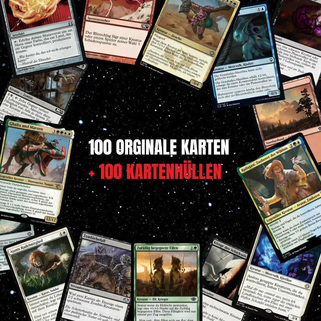 Magic: The Gathering Karten Set Deutsch – 100 Karten inkl. 8 Rares & 2 Foils + 100 Kartenhüllen