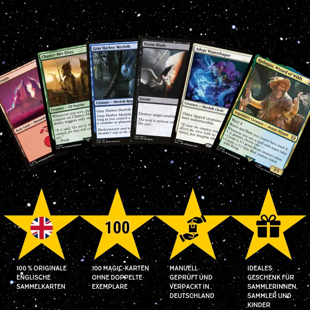 Magic: The Gathering Karten Set Englisch – 100 Karten inkl. 8 Rares & 2 Foils + 100 Kartenhüllen