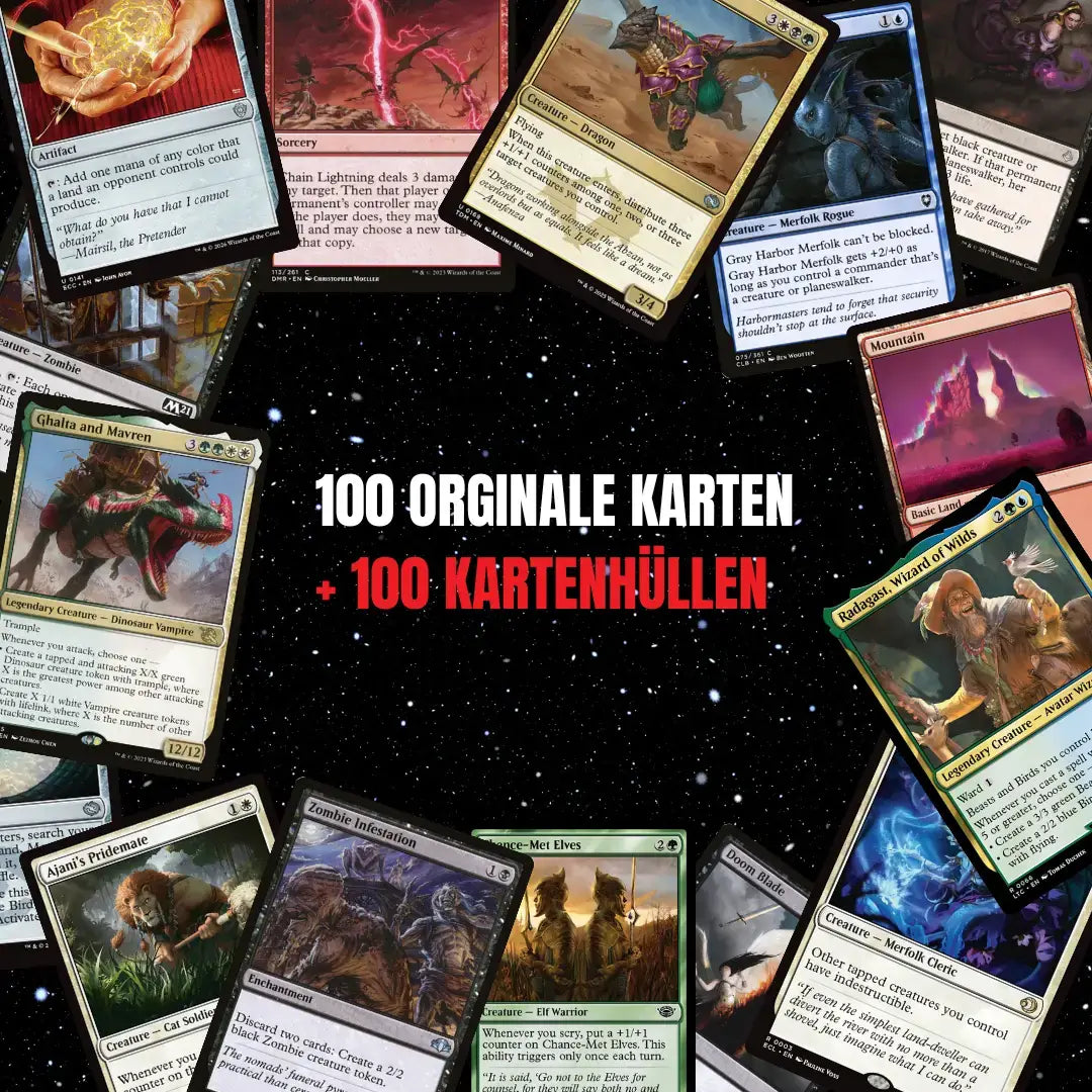 Magic: The Gathering Karten Set Englisch – 100 Karten inkl. 8 Rares & 2 Foils + 100 Kartenhüllen