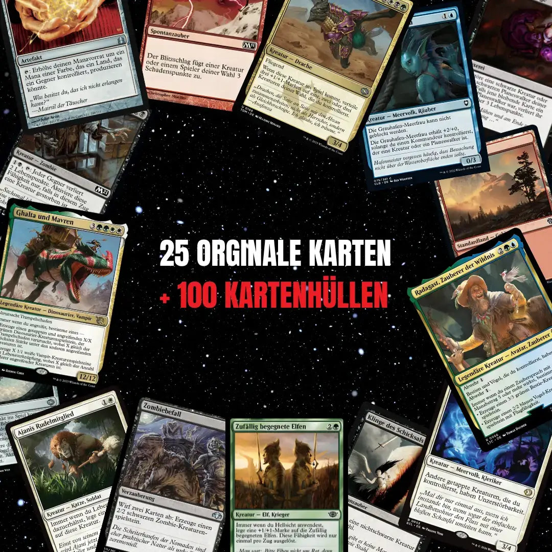 Magic: The Gathering Karten Set Deutsch – 25 Karten inkl. 2 Rares + 100 Kartenhüllen