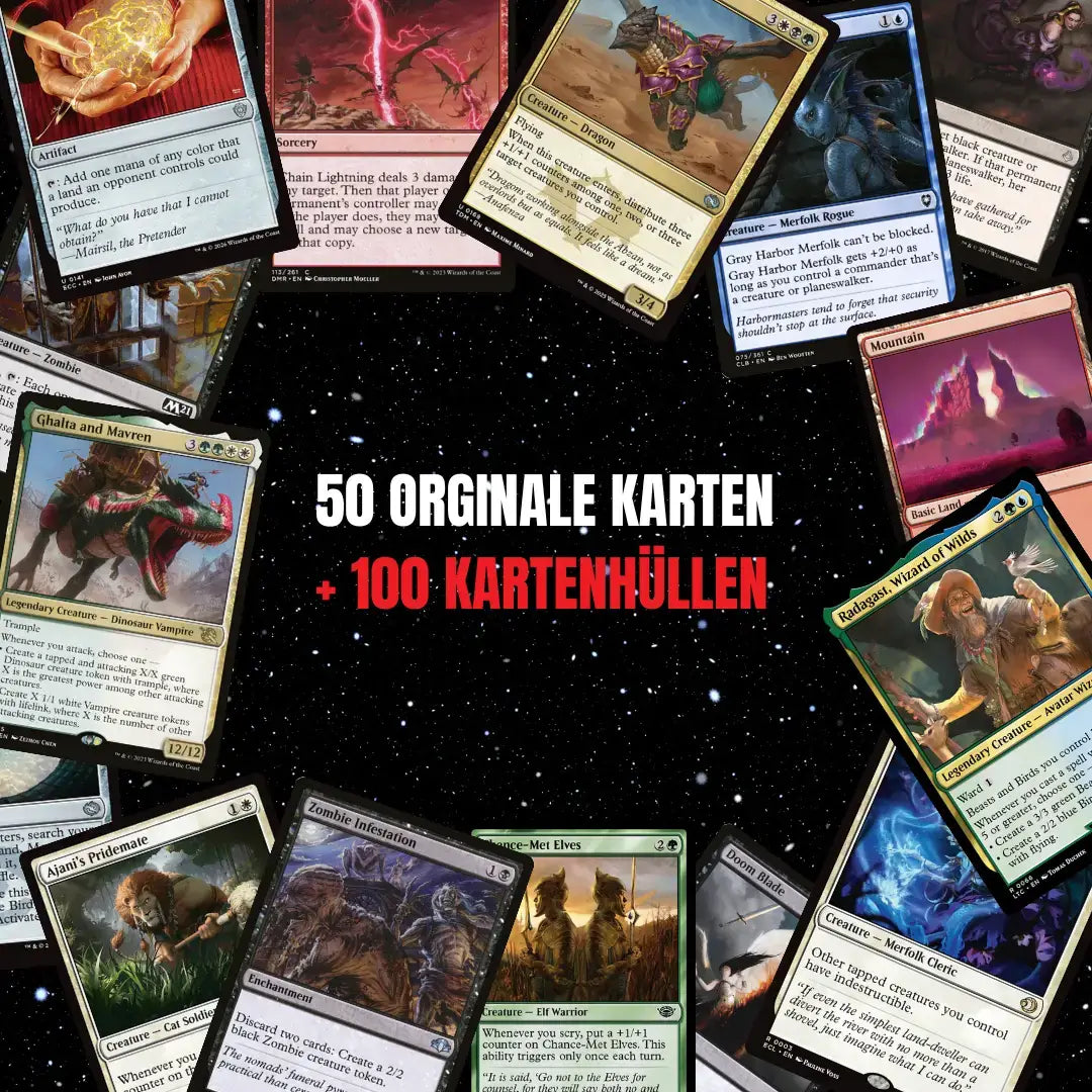 Magic: The Gathering Karten Set Englisch – 50 Karten inkl. 4 Rares & 1 Foil + 100 Kartenhüllen