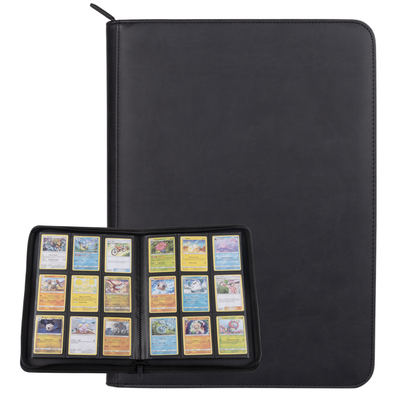 cardcosmos - 9 Pocket Zip Premium Leather Binder - Schwarz/Silber