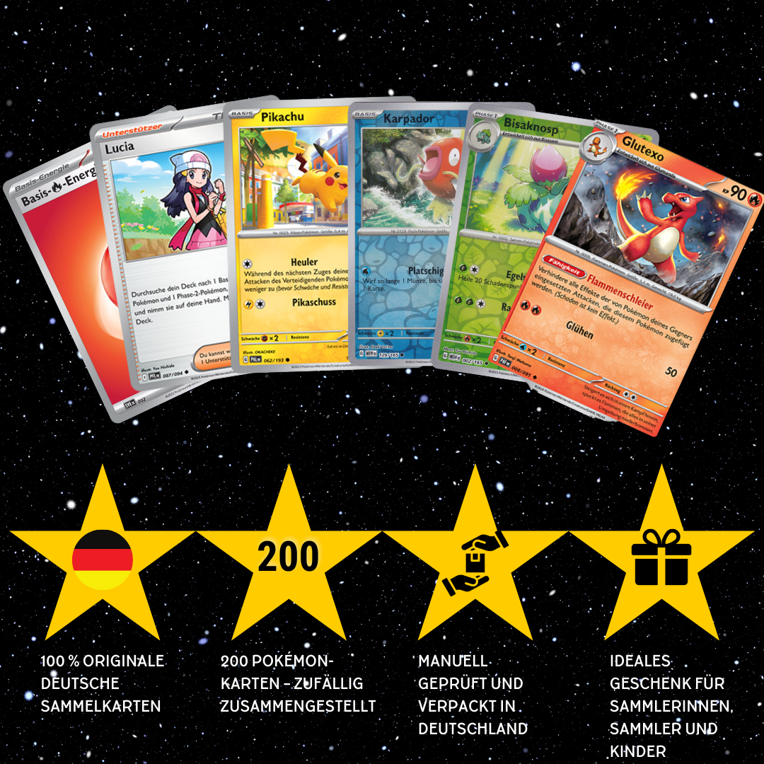 Pokémon Karten Set Deutsch – 200 Karten inkl. 25 Holo + 100 Kartenhüllen