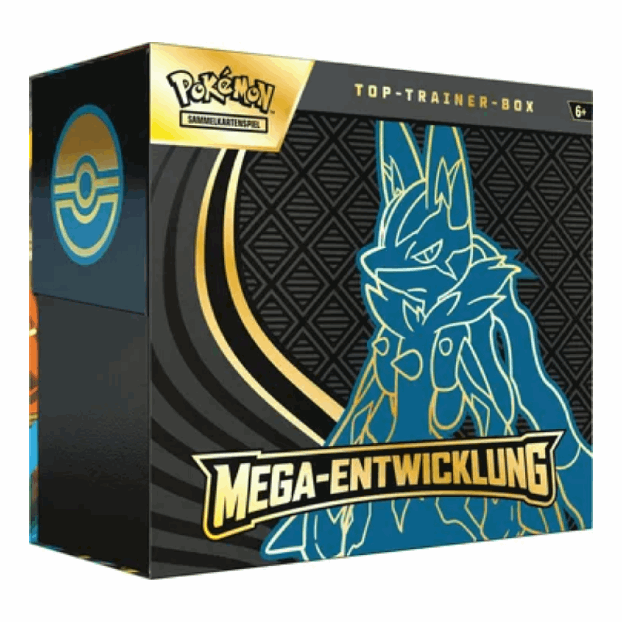Pokémon - Mega-Entwicklung Lucario Top Trainer Box - DE Verpackung leicht seitlich von vorne