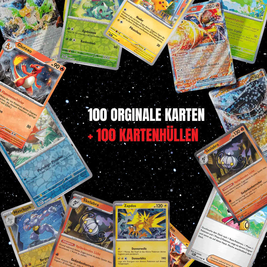 Pokémon Karten Set Deutsch – 100 Karten inkl. 12 Holo + 100 Kartenhüllen