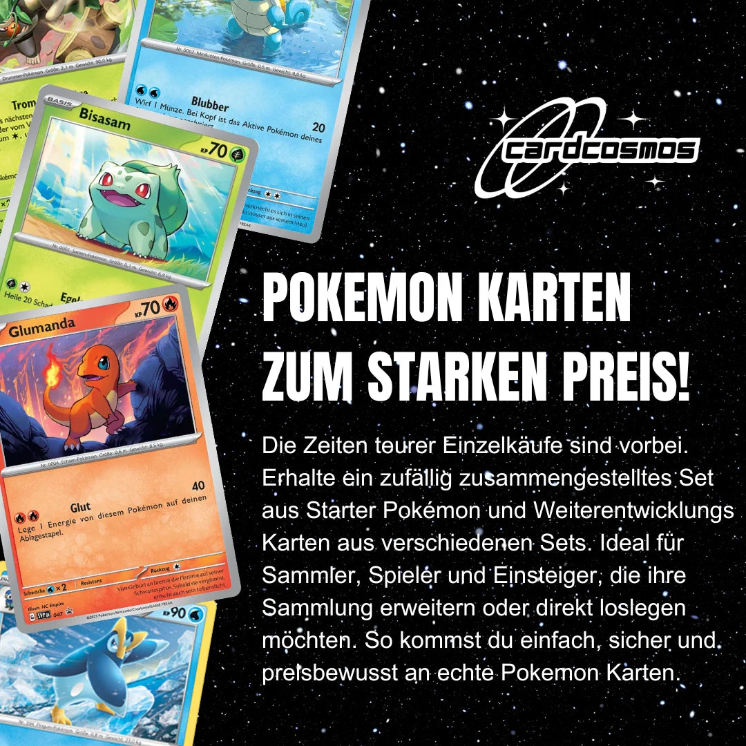 Pokémon Karten Set Deutsch – 10 Karten Starter Pokémon & Entwicklungen – Zufällig zusammengestellt