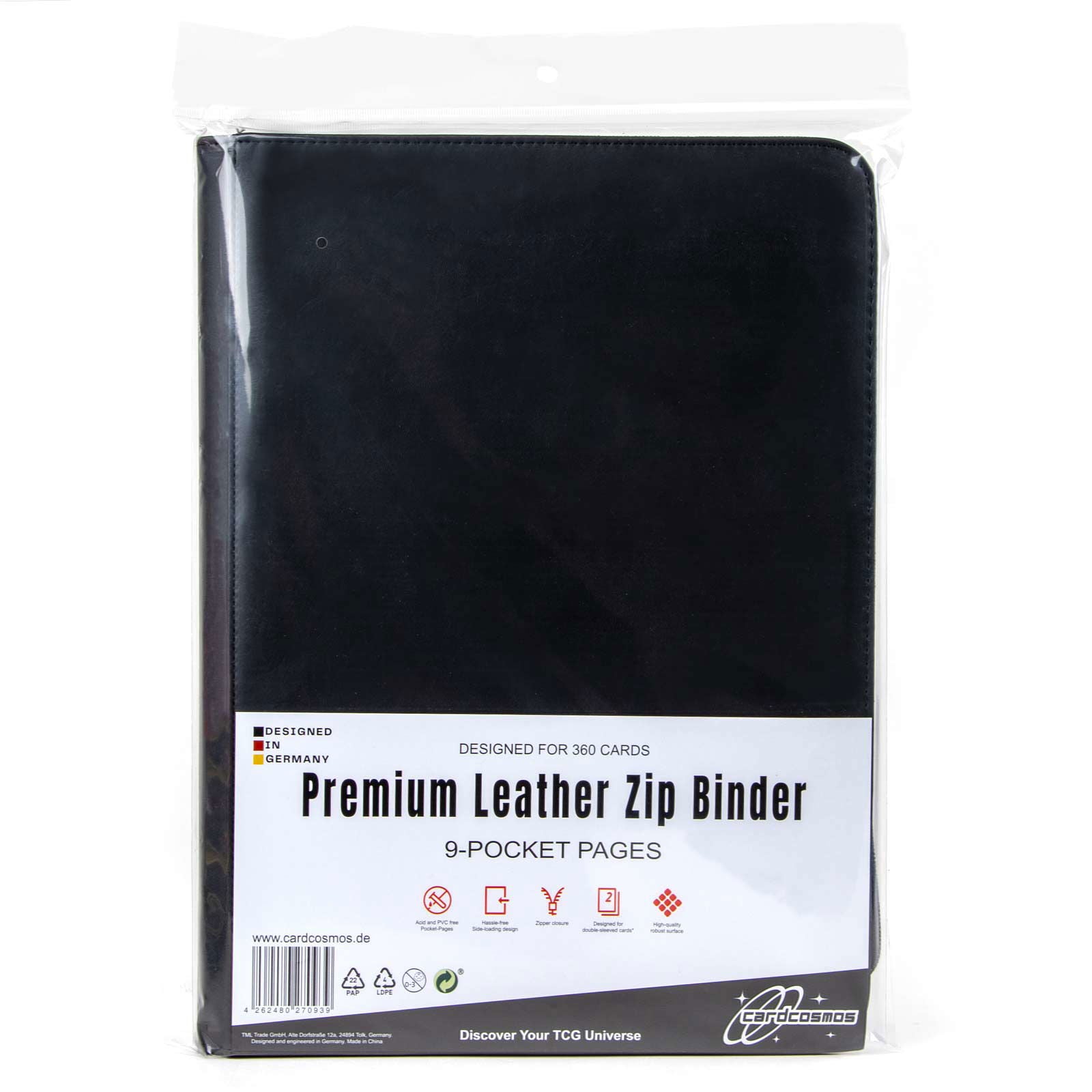 cardcosmos - 9 Pocket Zip Premium Leather Binder - Schwarz - cardcosmos